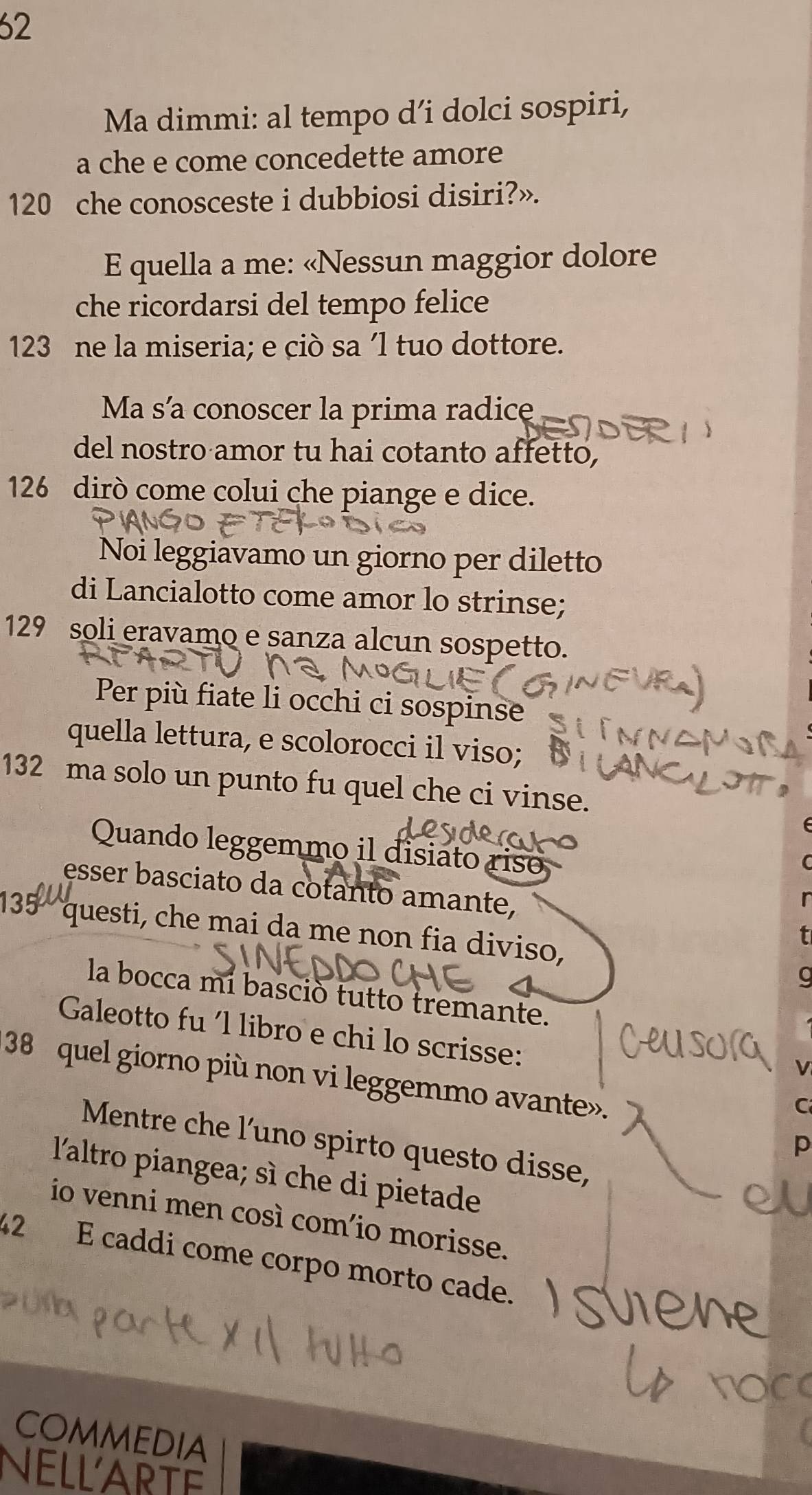 Ma dimmi: al tempo d’i dolci sospiri, 
a che e come concedette amore
120 che conosceste i dubbiosi disiri?». 
E quella a me: «Nessun maggior dolore 
che ricordarsi del tempo felice
123 ne la miseria; e ciò sa ´l tuo dottore. 
Ma s'a conoscer la prima radice 
del nostro amor tu hai cotanto affetto,
126 dirò come colui che piange e dice. 
Noi leggiavamo un giorno per diletto 
di Lancialotto come amor lo strinse;
129 soli eravamo e sanza alcun sospetto. 
Per più fiate li occhi ci sospinse 
quella lettura, e scolorocci il viso;
132 ma solo un punto fu quel che ci vinse. 
Quando leggemmo il disiato riso 
esser basciato da cotanto amante,
135 questi, che mai da me non fia diviso, 
la bocca mi basció tutto tremante. 
Galeotto fu 'l libro e chi lo scrisse: 
38 quel giorno più non vi leggemmo avante». 
C 
Mentre che l'uno spirto questo disse, 
p 
l'altro piangea; sì che di pietade 
io venni men così com’io morisse.
42 É caddi come corpo morto cade. 
COMmEDIA 
NELLARTE