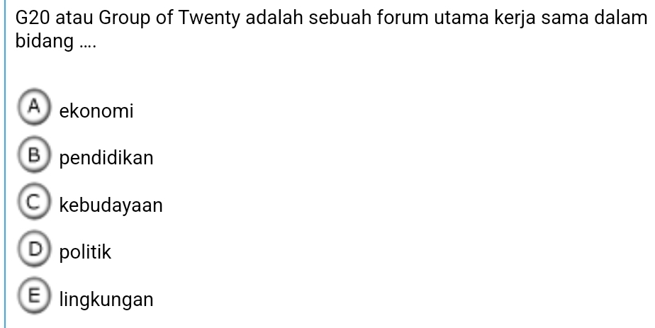 G20 atau Group of Twenty adalah sebuah forum utama kerja sama dalam
bidang ....
A ekonomi
B pendidikan
C kebudayaan
D politik
E lingkungan