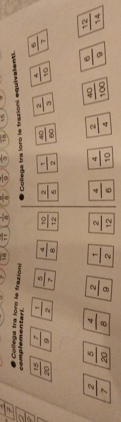 overline 18 frac 11  7/8   8/8  frac 9 frac 3 overline 18 15
Collega tra loro le frazioni 
complementari. 
Collega tra loro le frazioni equivalenti.
 15/20   7/9   1/2   5/7   4/8   10/12   2/5   1/2   40/60   2/3   4/10   6/7 
 2/7   5/20   4/8   2/9   1/2   2/12   4/6   4/10   2/4   40/100   6/9   12/14 