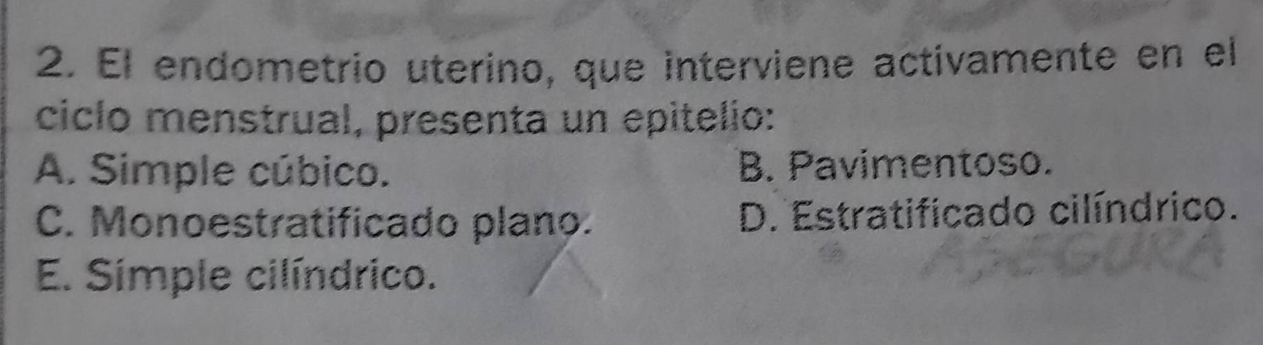 El endometrio uterino, que interviene activamente en el
ciclo menstrual, presenta un epitelio:
A. Simple cúbico. B. Pavimentoso.
C. Monoestratificado plano. D. Estratificado cilíndrico.
E. Símple cilíndrico.