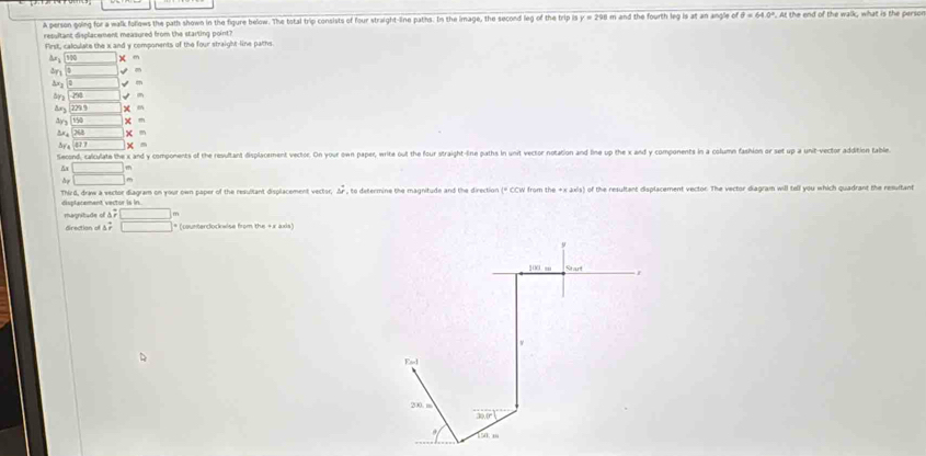 A person going for a walk follows the path shown in the figure below. The total trip consists of four straight-line paths. In the image, the second leg of the trip is y = 298 m and the fourth leg is at an angle of & = 64.0°. At the end of the walk, what is the person
resultant displacement measured from the starting point?
First, calculate the x and y components of the four straight-line paths
100 x m
ar
Ay
&va 29 m
&y 27 °
ay3 150
by， e? x 
Second, calculate the x and y compoments of the resultant displacement vector. On your own paper, write out the four straight-line paths in unit vector notation and line up the x and y components in a column fashion or set up a unit-vector addition table
&x  □ /□   m
m
displacement vector is in . Third, draw a vector diagram on your own poper of the resultant displacement vector, _ s^(+ , to determine the magnitude and the direction (* CCW from the +x axis) of the resultant displacement vector. The vector diagram will tell you which quadrant the resultant
magnitade of beginarray)r △ 7°beginarrayr to  to endarray  to endarray beginarrayr mendarray beginarrayr m □ endarray
direction of * (counterclockwise from the +x axis)