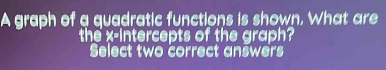 A graph of a quadratic functions is shown. What are 
the x-intercepts of the graph? 
Select two correct answers