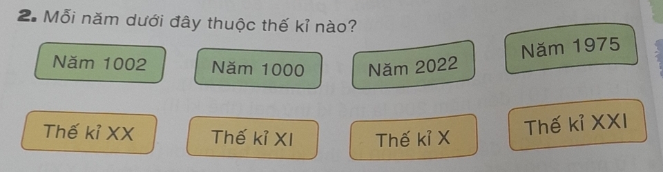 Mỗi năm dưới đây thuộc thế kỉ nào?
Năm 1975
Năm 1002 Năm 1000 Năm 2022
Thế kỉ XX Thế kỉ XI Thế kỉ X
Thế kỉ XXI