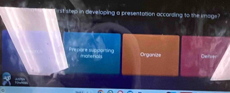 irst step in developing a presentation according to the image? 
Prepare supporting 
Organize 
materials Deliver 
JUSTIN 
TOWNSEL