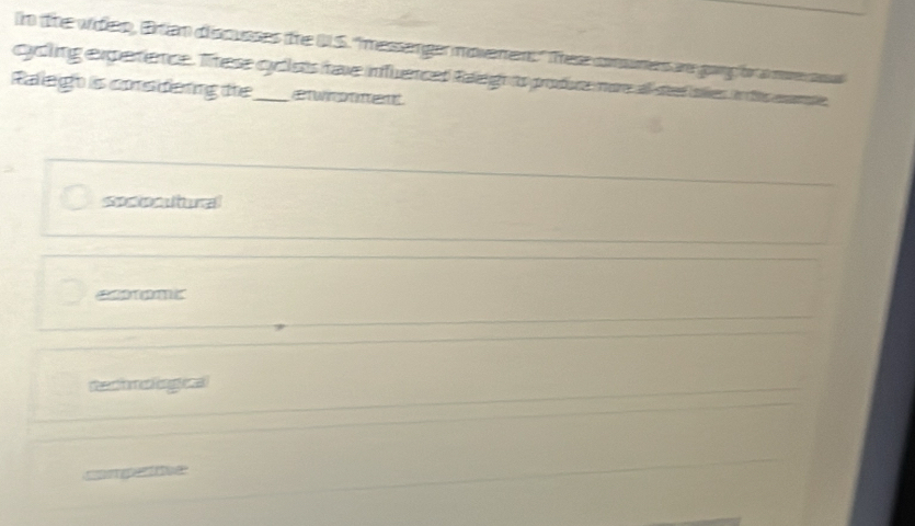 in the widen, Bran discusses the US. 'messanger movement." These comumers are gong fo a mre mel
cycling experence. These cycists rave infuenced Raleigh to produce more all-steed bollies in tits enomte
Raleigh is consdeing the_ enonment
socioc tural
deento me engl eza
compentive