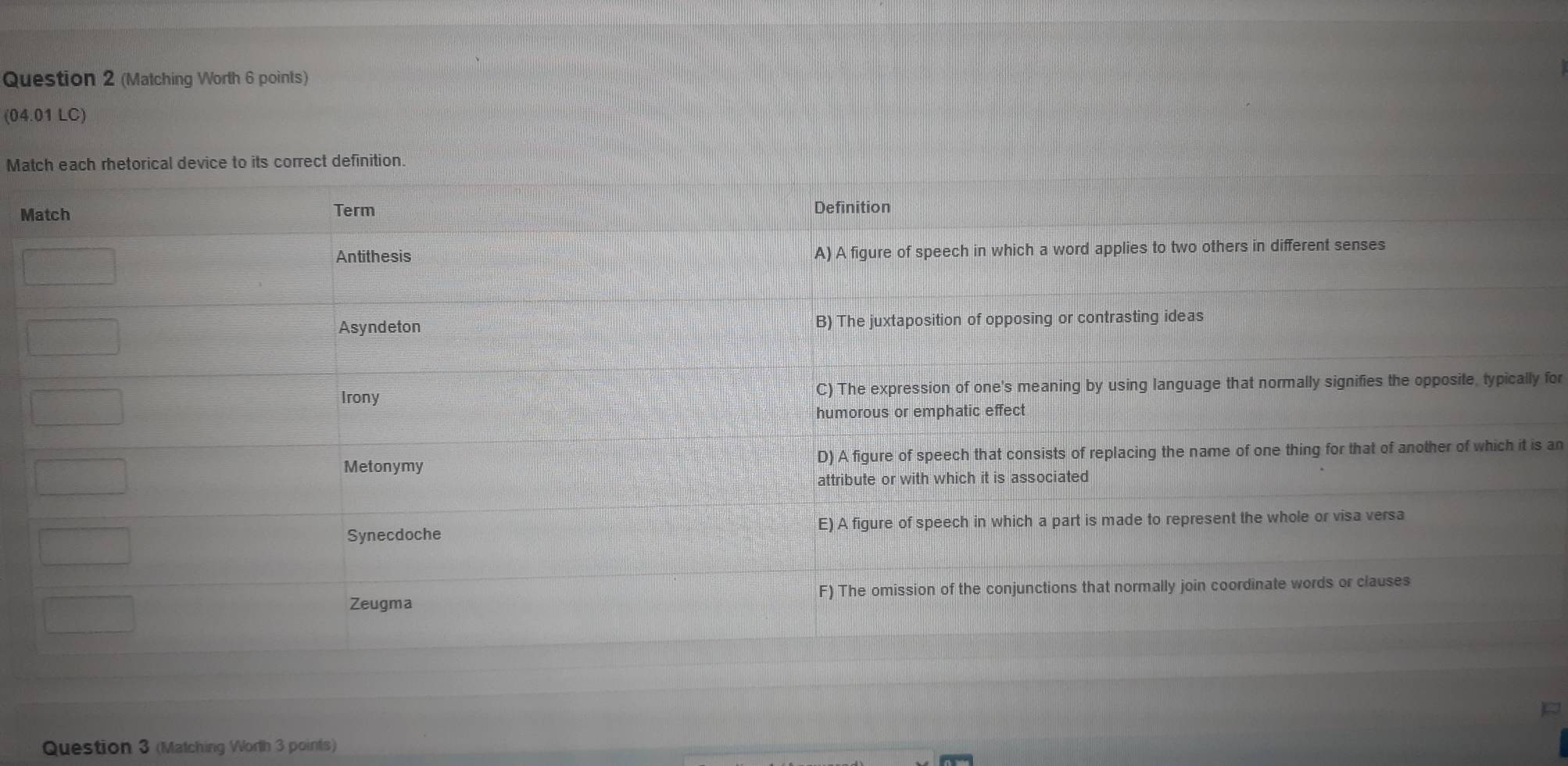 (Matching Worth 6 points) 
(04.01 LC) 
Ma 
M 
for 
s an 
Question 3 (Matching Worth 3 points)