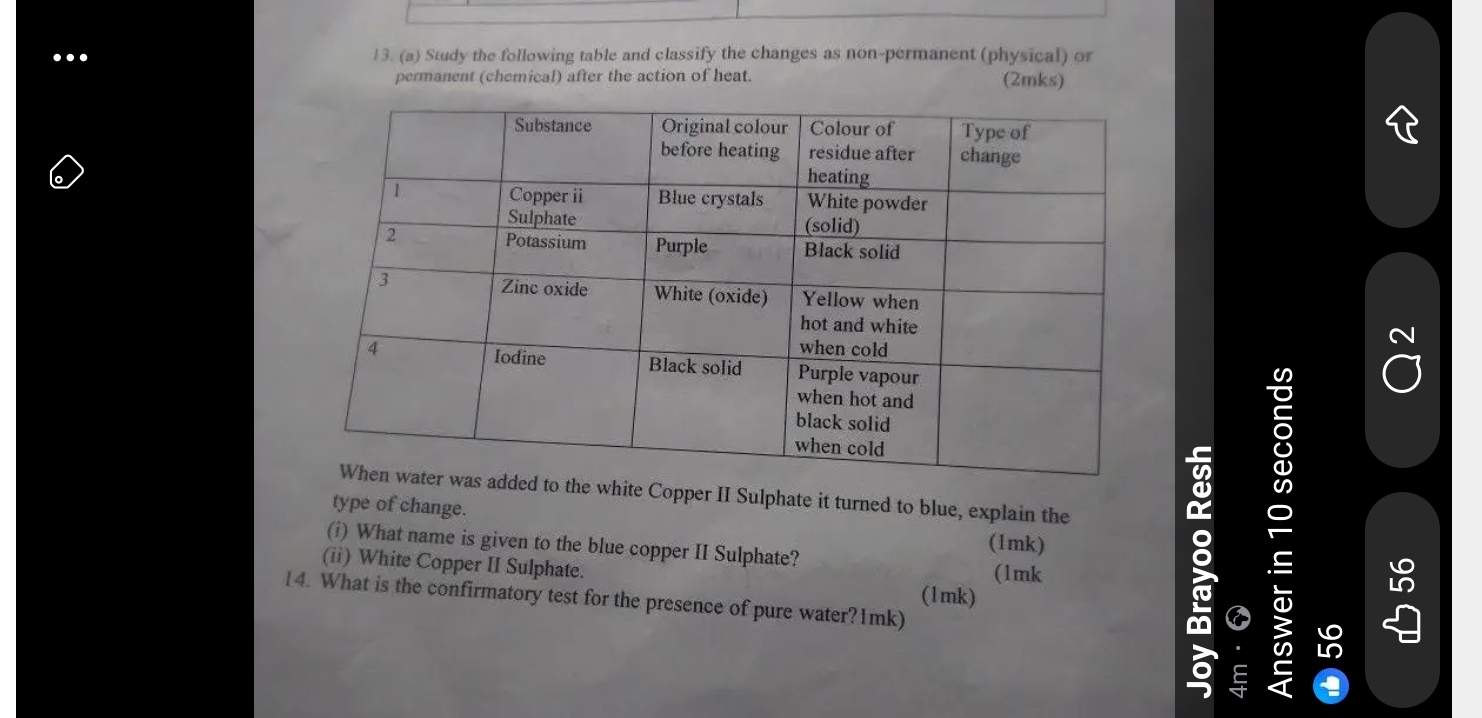 Study the following table and classify the changes as non-permanent (physical) or 
permanent (chemical) after the action of heat. (2mks) 
to the white Copper II Sulphate it turned to blue, explain the = 
type of change. 
(i) What name is given to the blue copper II Sulphate? 
(1mk) 
(ii) White Copper II Sulphate. (1mk 
(1mk) 
14. What is the confirmatory test for the presence of pure water?1mk)