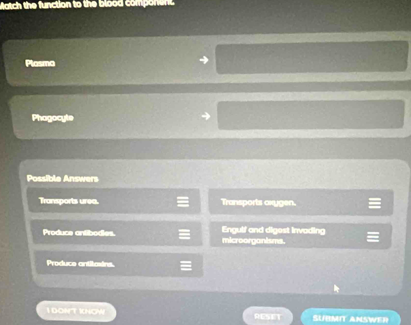 Match the function to the blood component.
Plasma
Phagocyte
Possible Answers
Transports urea. Transports axygen.
Produce antibodies.
Engulf and digost invading
microorganisms.
Produce antitaxins.
I DONT KNOW SUBMIT ANSWER
RGSET