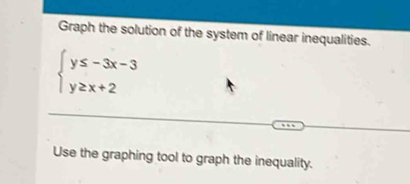 Graph the solution of the system of linear inequalities.
beginarrayl y≤ -3x-3 y≥ x+2endarray.
Use the graphing tool to graph the inequality.