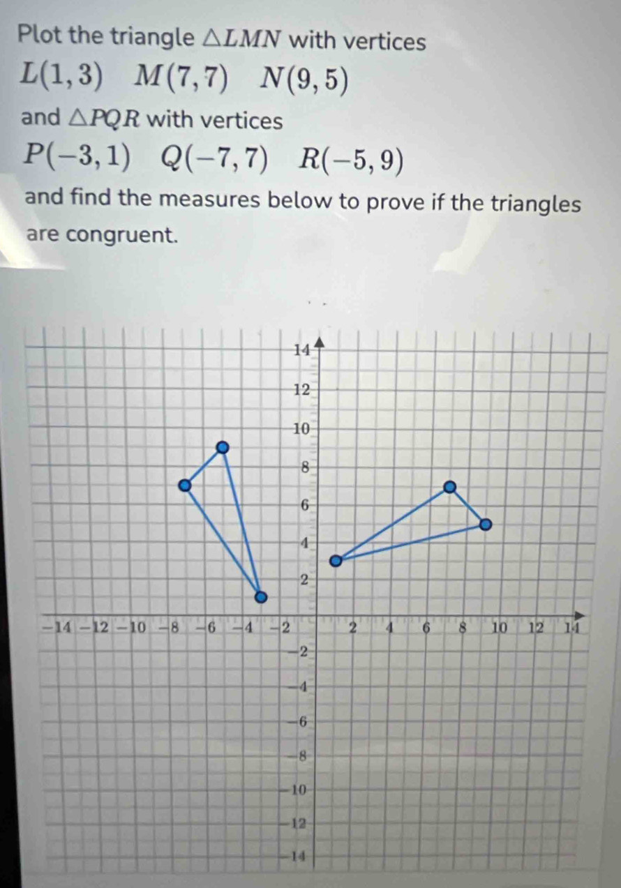 Plot the triangle △ LMN with vertices
L(1,3) M(7,7) N(9,5)
and △ PQR with vertices
P(-3,1) Q(-7,7) R(-5,9)
and find the measures below to prove if the triangles 
are congruent.