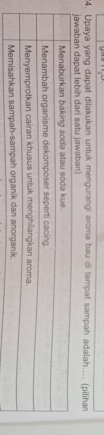 gas 
24. Upaya yang dapat dilakukan untuk mengurangi aroma bau di tempat sampah adalah.... (pilihan 
t lebih dari satu jawaban)