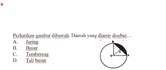 Perhatikan gambar dibawah. Daerah yang diarsir disebut…
A. Juring
B. Busur
C. Tembereng
D. Tali busur