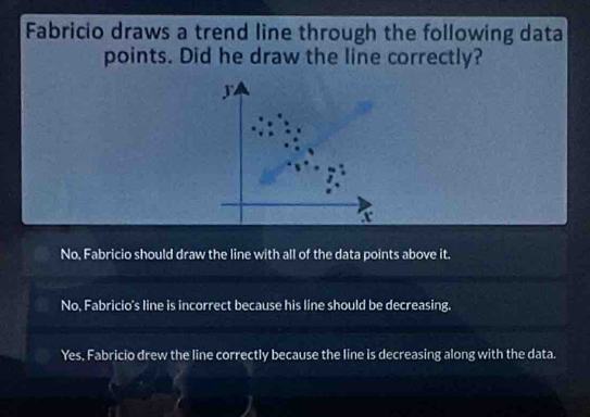 Fabricio draws a trend line through the following data
points. Did he draw the line correctly?
y
No, Fabricio should draw the line with all of the data points above it.
No, Fabricio's line is incorrect because his line should be decreasing.
Yes, Fabricio drew the line correctly because the line is decreasing along with the data.