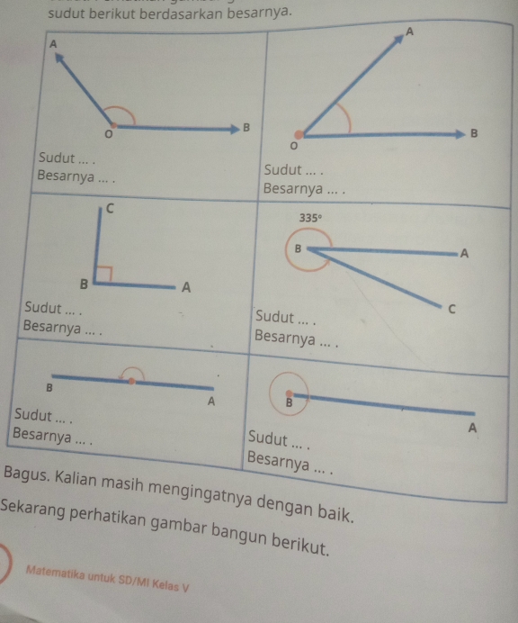 sudut berikut berdasarkan besarnya. 
Sudut ... . Sudut ... . 
Besarnya ... . Besarnya ... . 
C
335°
B 
A 
B A 
Sudut ... . C 
Sudut ... . 
Besarnya ... . 
Besarnya ... . 
B 
A B 
Sudut ... . 
A 
Besarnya ... . 
Sudut ... . 
Besarnya ... . 
Bagus. Kalian masih mengingatnya dengan baik. 
Sekarang perhatikan gambar bangun berikut. 
Matematika untuk SD/MI Kelas V