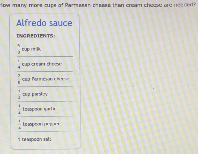 How many more cups of Parmesan cheese than cream cheese are needed? 
Alfredo sauce 
INGREDIENTS: 
_
 5/8  cup milk 
_
 1/4  cup cream cheese 
_
 7/8  cup Parmesan cheese 
_
 1/2  cup parsley 
_
 1/2  teaspoon garlic 
_
 1/2  teaspoon pepper 
1 teaspoon salt