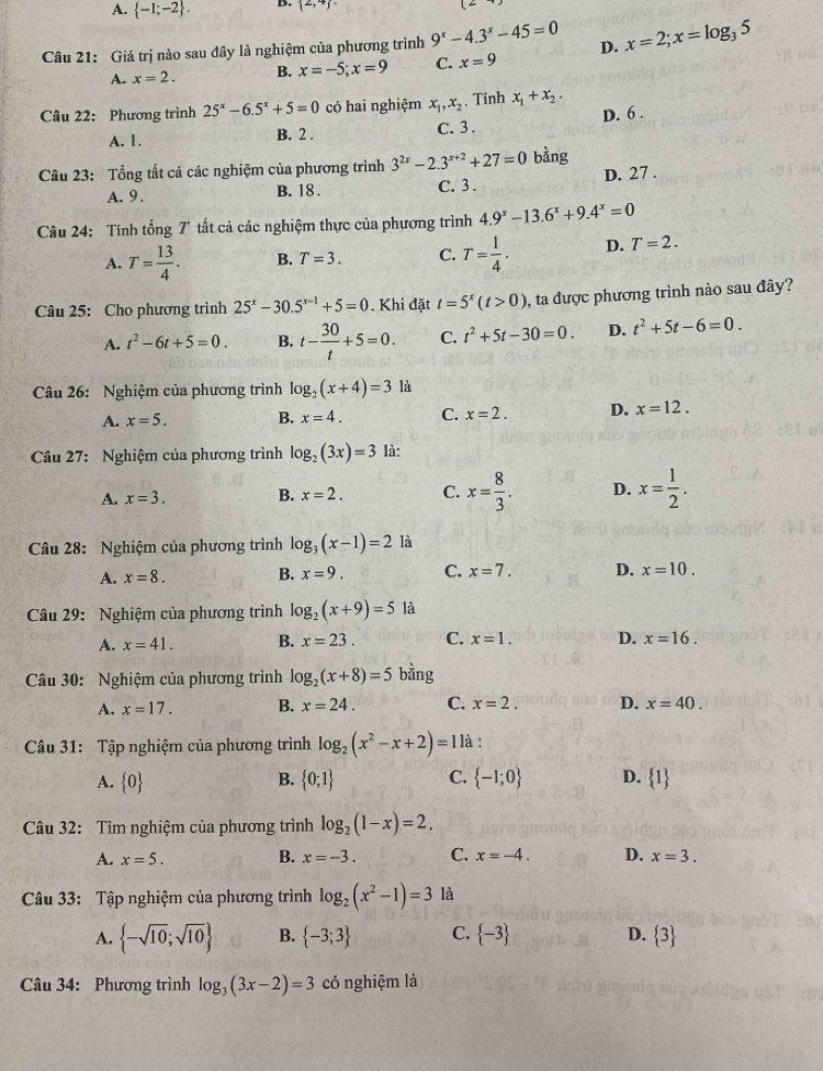 A.  -1;-2 . B.  2,4
Câu 21: Giá trị nào sau đây là nghiệm của phương trình 9^x-4.3^x-45=0 D. x=2;x=log _35
A. x=2. B. x=-5;x=9 C. x=9
Câu 22: Phương trình 25^x-6.5^x+5=0 có hai nghiệm x_1,x_2 ,. Tính x_1+x_2.
A. 1. B. 2 . C. 3. D. 6 .
Câu 23: Tổng tất cả các nghiệm của phương trình 3^(2x)-2.3^(x+2)+27=0 bằng
A. 9. B. 18 . C.3 . D. 27 .
Câu 24: Tính tổng 7 tất cả các nghiệm thực của phương trình 4.9^x-13.6^x+9.4^x=0
A. T= 13/4 . B. T=3. C. T= 1/4 . D. T=2.
Câu 25: Cho phương trình 25^x-30.5^(x-1)+5=0. Khi đặt t=5^x(t>0) , ta được phương trình nào sau đây?
A. t^2-6t+5=0. B. t- 30/t +5=0. C. t^2+5t-30=0. D. t^2+5t-6=0.
Câu 26: Nghiệm của phương trình log _2(x+4)=3 là
A. x=5. B. x=4. C. x=2. D. x=12.
Câu 27: Nghiệm của phương trình log _2(3x)=3 là:
A. x=3. B. x=2. C. x= 8/3 . D. x= 1/2 .
Câu 28: Nghiệm của phương trình log _3(x-1)=2 là
A. x=8. B. x=9. C. x=7. D. x=10.
Câu 29: Nghiệm của phương trình log _2(x+9)=5 là
A. x=41. B. x=23. C. x=1. D. x=16.
Câu 30: Nghiệm của phương trình log _2(x+8)=5 bằng
A. x=17. B. x=24. C. x=2. D. x=40.
Câu 31: Tập nghiệm của phương trình log _2(x^2-x+2)=1 là :
B.
A.  0  0;1 C.  -1;0 D.  1
Câu 32: Tìm nghiệm của phương trình log _2(1-x)=2.
A. x=5. B. x=-3. C. x=-4. D. x=3.
Câu 33: Tập nghiệm của phương trình log _2(x^2-1)=3 là
A.  -sqrt(10);sqrt(10) B.  -3;3 C.  -3 D.  3
Câu 34: Phương trình log _3(3x-2)=3 có nghiệm là