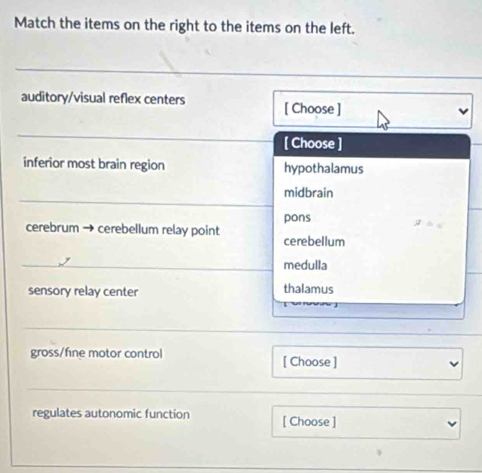 Match the items on the right to the items on the left.
auditory/visual reflex centers [ Choose ]
[ Choose ]
inferior most brain region hypothalamus
midbrain
pons
cerebrum cerebellum relay point cerebellum
medulla
sensory relay center thalamus
gross/fine motor control [ Choose ]
regulates autonomic function [ Choose ]