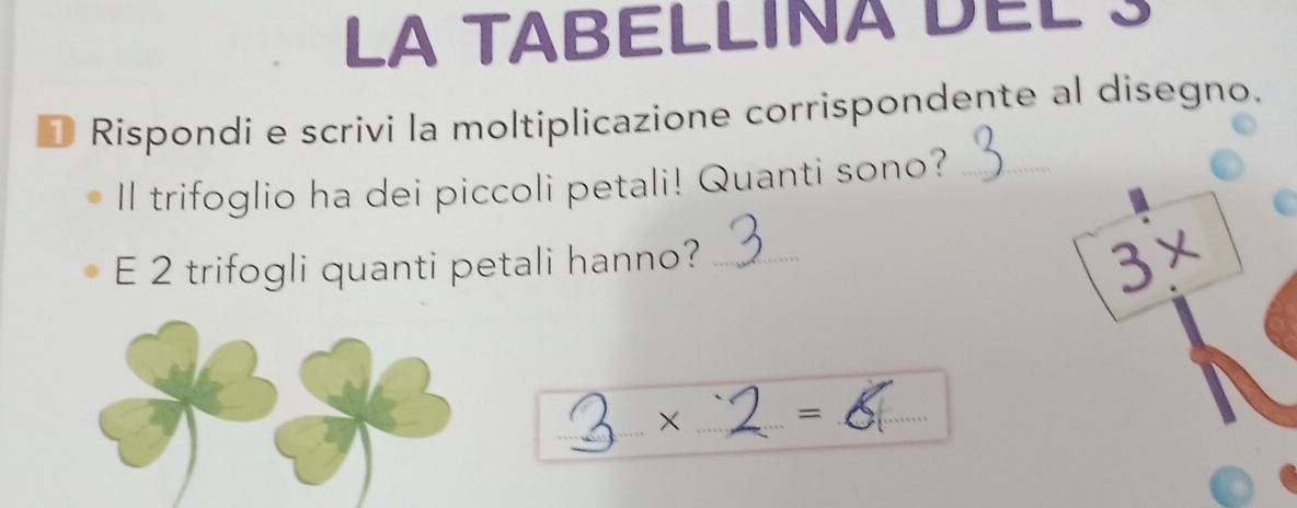 LA TABELLINA DEL 3
* Rispondi e scrivi la moltiplicazione corrispondente al disegno.
Il trifoglio ha dei piccoli petali! Quanti sono?_
E 2 trifogli quanti petali hanno?_
_
×_ =_