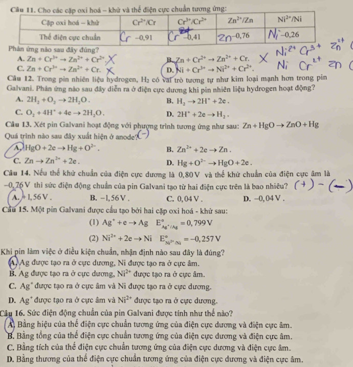 A. Zn+Cr^(3+)to Zn^(2+)+Cr^(2+) B. Zn+Cr^(2+)to Zn^(2+)+Cr.
C. Zn+Cr^(3+)to Zn^(2+)+Cr. D. Ni+Cr^(3+)to Ni^(2+)+Cr^(2+).
Câu 12. Trong pin nhiên liệu hydrogen, H_2 có vai trò tương tự như kim loại mạnh hơn trong pin
Galvani. Phản ứng nào sau đây diễn ra ở điện cực dương khi pin nhiên liệu hydrogen hoạt động?
A. 2H_2+O_2to 2H_2O. B. H_2to 2H^++2e.
C. O_2+4H^++4eto 2H_2O. D. 2H^++2eto H_2·
Câu 13. Xét pin Galvani hoạt động với phượng trình tương ứng như sau: Zn+HgOto ZnO+Hg
Quá trình nào sau đây xuất hiện ở anode?
A HgO+2eto Hg+O^(2-).
B. Zn^(2+)+2eto Zn.
C. Znto Zn^(2+)+2e.
D. Hg+O^(2-)to HgO+2e.
Câu 14. Nếu thế khử chuẩn của điện cực dương là 0,80V và thế khử chuẩn của điện cực âm là
-0, 76 V thì sức điện động chuẩn của pin Galvani tạo từ hai điện cực trên là bao nhiêu?
A. + 1, 56 V . B. − l,56V . C. 0, 04 V . D. −0, 04 V .
Cầu 15. Một pin Galvani được cấu tạo bởi hai cặp oxi hoá - khử sau:
(1) Ag^++eto Ag E_Ag^+/Ag^circ =0,799V
(2) Ni^(2+)+2eto Ni E_Ni^(2+)/Ni^circ =-0,257V
Khi pin làm việc ở điều kiện chuẩn, nhận định nào sau đây là đúng?
A Ag được tạo ra ở cực dương, Ni được tạo ra ở cực âm.
B. Ag được tạo ra ở cực dương, Ni^(2+) được tạo ra ở cực âm.
C. Ag* được tạo ra ở cực âm và Ni được tạo ra ở cực dương.
D. Ag* được tạo ra ở cực âm và Ni^(2+) được tạo ra ở cực dương.
Câu 16. Sức điện động chuẩn của pin Galvani được tính như thế nào?
A Bằng hiệu của thế điện cực chuẩn tương ứng của điện cực dương và điện cực âm.
B. Bằng tổng của thế điện cực chuẩn tương ứng của điện cực dương và điện cực âm.
C. Bằng tích của thế điện cực chuẩn tương ứng của điện cực dương và điện cực âm.
D. Bằng thương của thế điện cực chuẩn tương ứng của điện cực dương và điện cực âm.