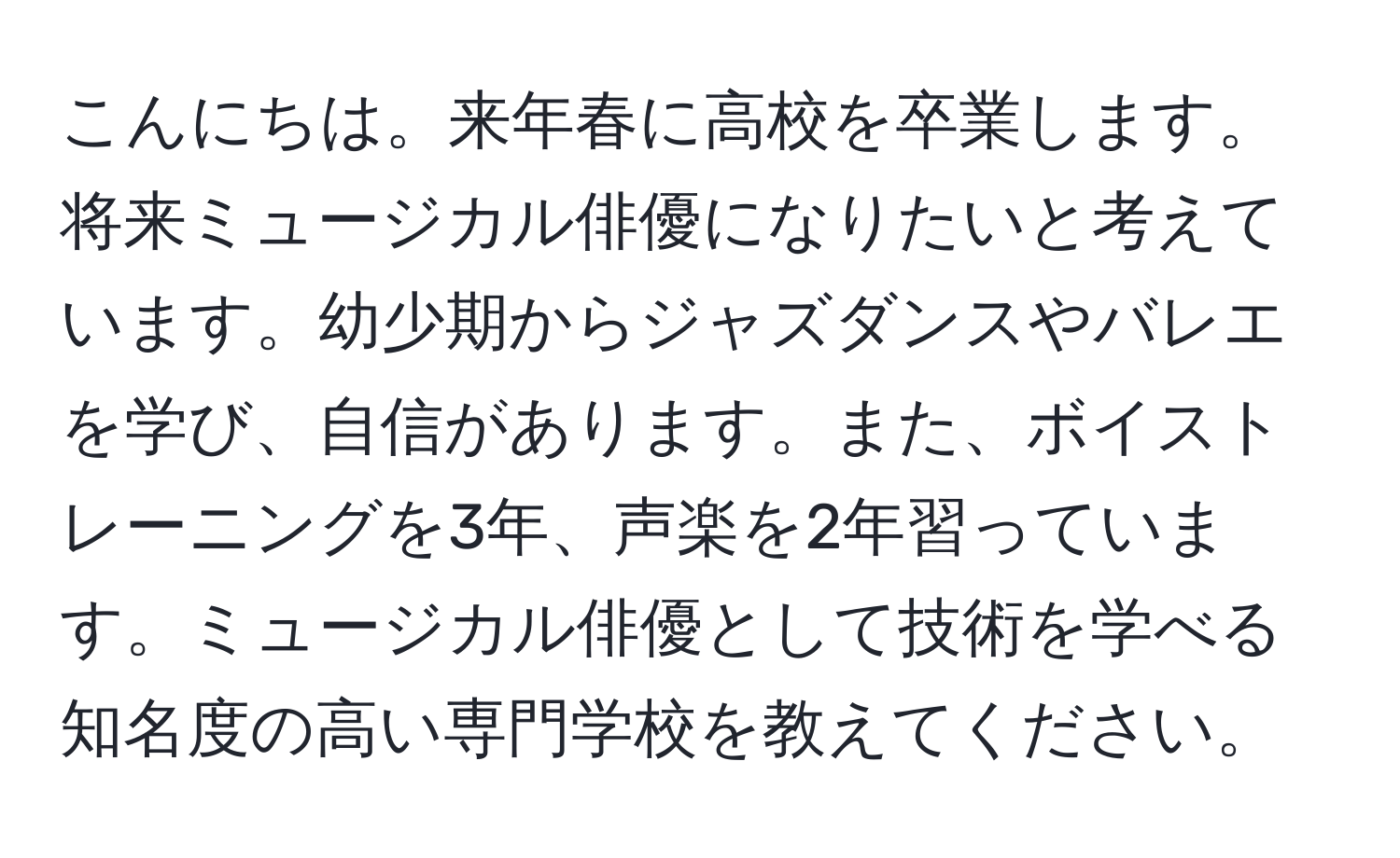 こんにちは。来年春に高校を卒業します。将来ミュージカル俳優になりたいと考えています。幼少期からジャズダンスやバレエを学び、自信があります。また、ボイストレーニングを3年、声楽を2年習っています。ミュージカル俳優として技術を学べる知名度の高い専門学校を教えてください。