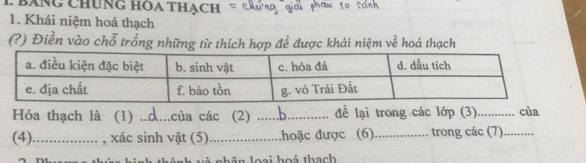 BằNG CHUNG HOA THẠcH = 
1. Khái niệm hoá thạch 
(?) Điền vào chỗ trống những từ thích hợp đề được khái niệm về hoá thạch 
Hóa thạch là (1) .. của các (2) _để lại trong các lớp (3)_ của 
(4)_ , xác sinh vật (5)_ đhoặc được (6)_ trong các (7)._ 
ành và nhân loại hoá thach