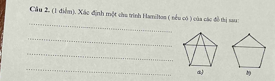 Xác định một chu trình Hamilton ( nếu có ) của các đồ thị sau: 
_ 
_ 
_ 
_ 
a)