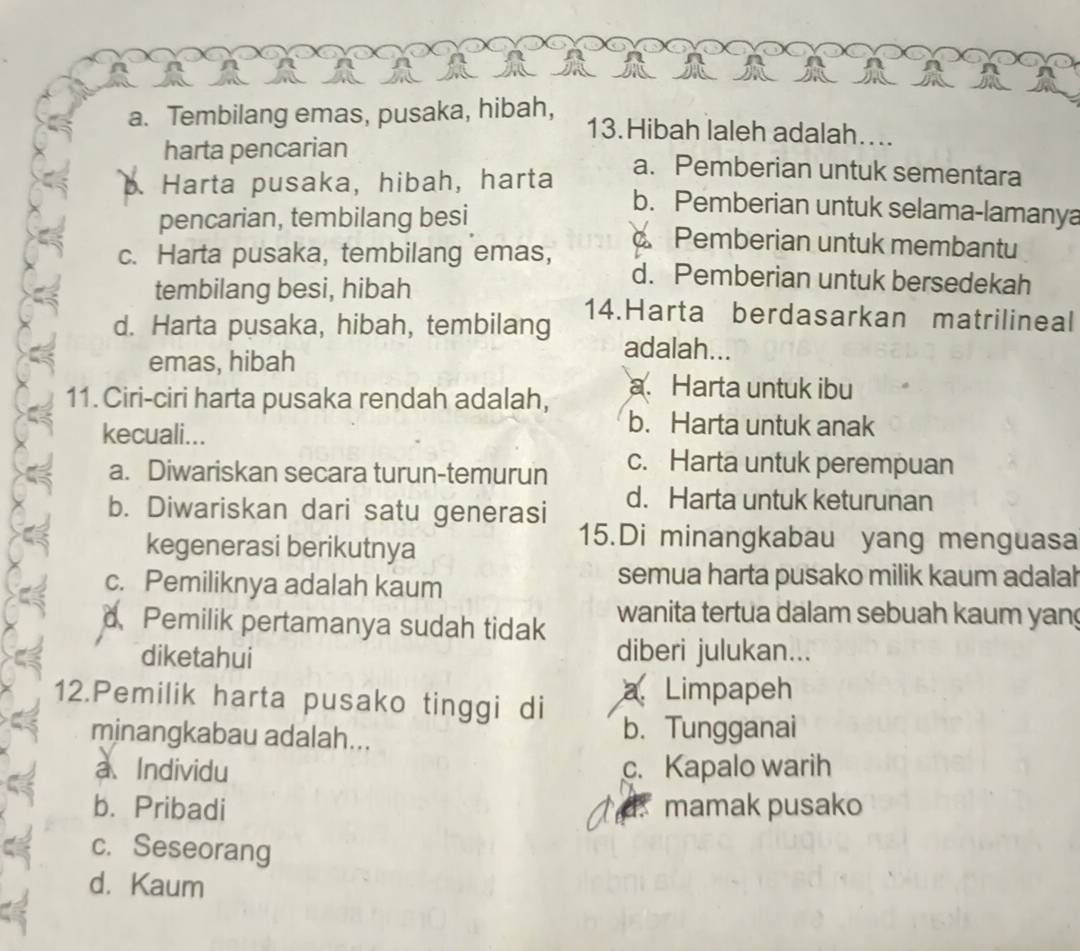 a. Tembilang emas, pusaka, hibah,
13.Hibah laleh adalah....
harta pencarian a. Pemberian untuk sementara
b. Harta pusaka, hibah, harta
b. Pemberian untuk selama-lamanya
pencarian, tembilang besi Pemberian untuk membantu
c. Harta pusaka, tembilang emas, d. Pemberian untuk bersedekah
tembilang besi, hibah
d. Harta pusaka, hibah, tembilang 14.Harta berdasarkan matrilineal
emas, hibah
adalah...
11. Ciri-ciri harta pusaka rendah adalah,
a. Harta untuk ibu
kecuali...
b. Harta untuk anak
a. Diwariskan secara turun-temurun c. Harta untuk perempuan
b. Diwariskan dari satu generasi d. Harta untuk keturunan
kegenerasi berikutnya
15.Di minangkabau yang menguasa
c. Pemiliknya adalah kaum
semua harta pusako milik kaum adalah
d Pemilik pertamanya sudah tidak wanita tertua dalam sebuah kaum yan
diketahui diberi julukan...
12.Pemilik harta pusako tinggi di a. Limpapeh
minangkabau adalah... b.Tungganai
a、Individu c. Kapalo warih
b. Pribadi mamak pusako
a
c. Seseorang
d. Kaum