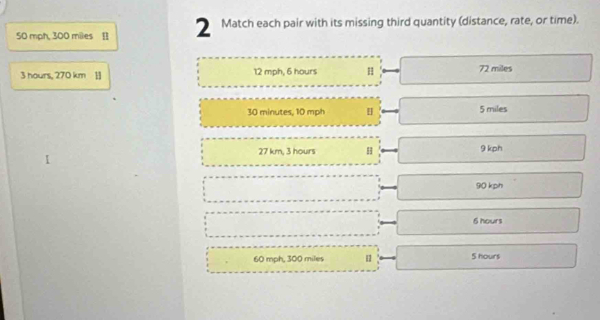 50 mph, 300 miles 11 
2 Match each pair with its missing third quantity (distance, rate, or time).
3 hours, 270 km 1 12 mph, 6 hours H 72 miles
30 minutes, 10 mph 5 miles
27 km, 3 hours H 9 kph
90 kph
6 hours
60 mph, 300 miles 1 5 hours