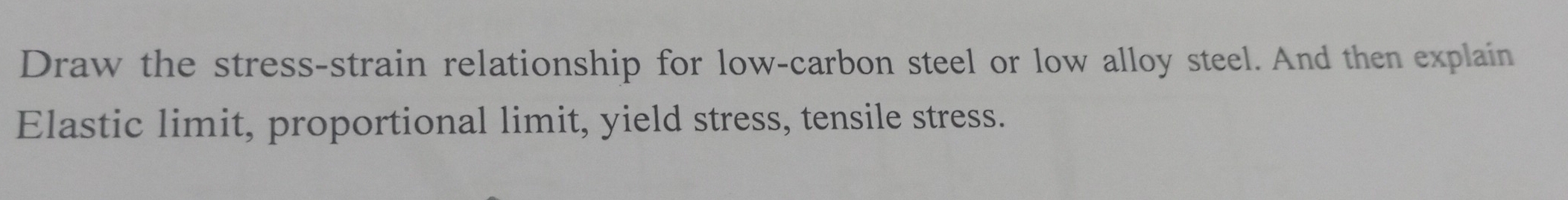 Draw the stress-strain relationship for low-carbon steel or low alloy steel. And then explain 
Elastic limit, proportional limit, yield stress, tensile stress.