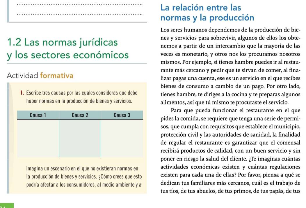 La relación entre las
_
_normas y la producción
Los seres humanos dependemos de la producción de bie-
1.2 Las normas jurídicas
nes y servicios para sobrevivir, algunos de ellos los obte-
nemos a partir de un intercambio que la mayoría de las
y los sectores económicos veces es monetario, y otros nos los procuramos nosotros
mismos. Por ejemplo, si tienes hambre puedes ir al restau-
rante más cercano y pedir que te sirvan de comer, al fina-
Actividad formativa
lizar pagas una cuenta, ese es un servicio en el que recibes
bienes de consumo a cambio de un pago. Por otro lado,
1. Escribe tres causas por las cuales consideras que debe tienes hambre, te diriges a la cocina y te preparas algunos
haber normas en la producción de bienes y servicios. alimentos, así que tú mismo te procuraste el servicio.
Para que pueda funcionar el restaurante en el que
pides la comida, se requiere que tenga una serie de permi-
sos, que cumpla con requisitos que establece el municipio,
protección civil y las autoridades de sanidad, la finalidad
de regular el restaurante es garantizar que el comensal
recibirá productos de calidad, con un buen servicio y sin
poner en riesgo la salud del cliente. ¿Te imaginas cuántas
Imagina un escenario en el que no existieran normas en actividades económicas existen y cuántas regulaciones
la producción de bienes y servicios. ¿Cómo crees que esto existen para cada una de ellas? Por favor, piensa a qué se
podría afectar a los consumidores, al medio ambiente y a dedican tus familiares más cercanos, cuál es el trabajo de
tus tíos, de tus abuelos, de tus primos, de tus papás, de tus