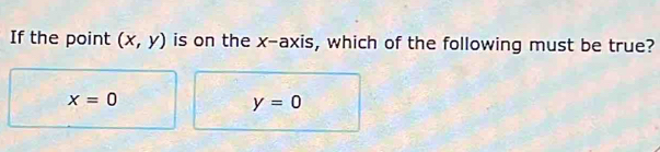 If the point (x,y) is on the x-axis, which of the following must be true?
x=0
y=0