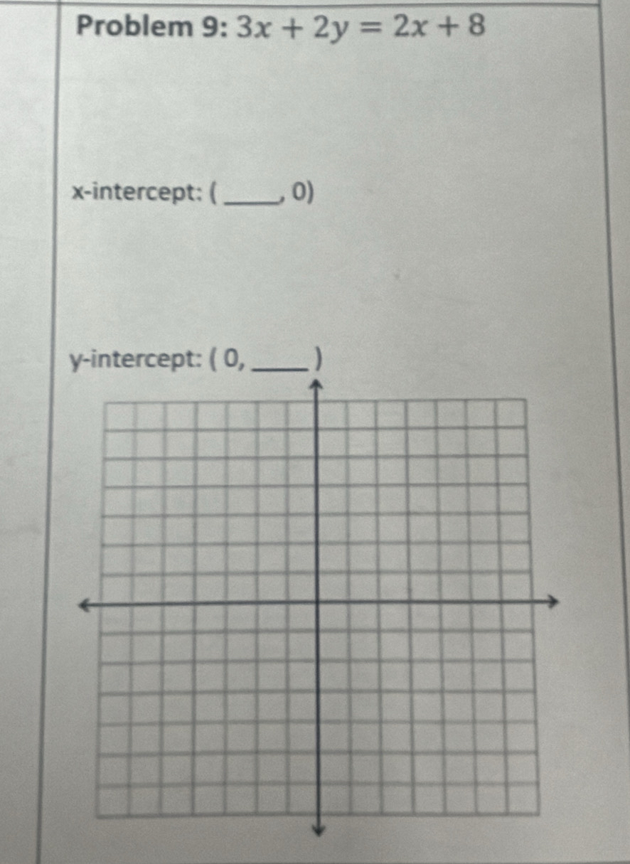 Problem 9: 3x+2y=2x+8
x-intercept: (_ , 0)