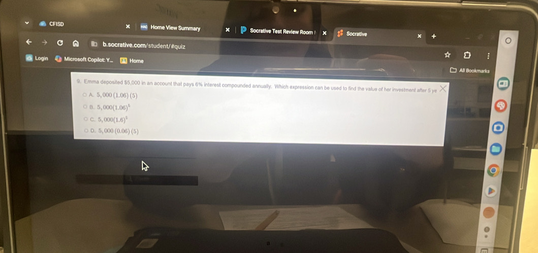 Solved: CFISD Home View Summary Socrative Test Review Room x Socrative ...
