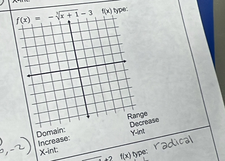 f(x) type:
Range
Domain:
Increase: rease
Y-int
X-int:
1+2 f(x) type: