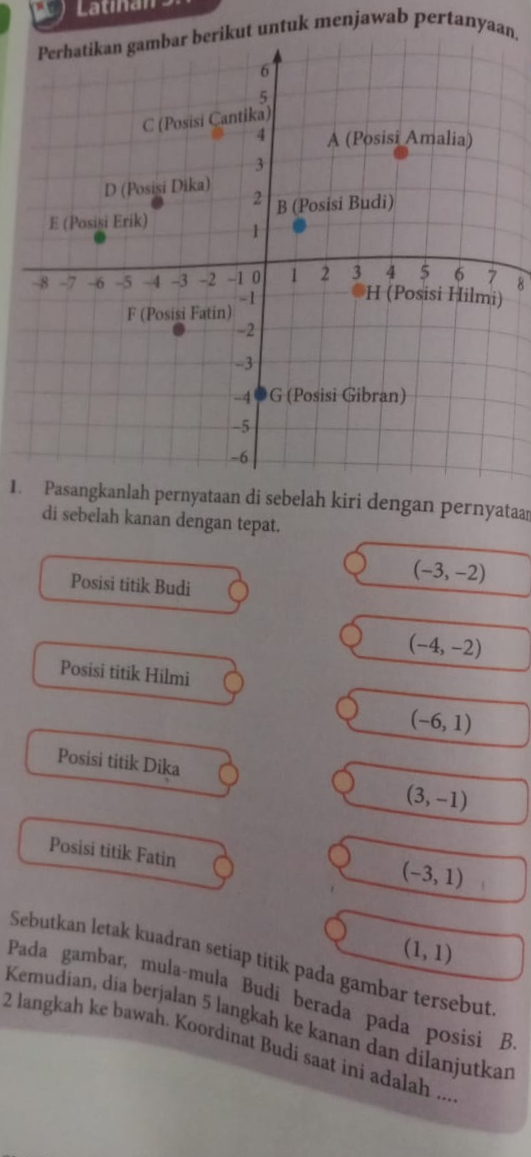 Perhatikan gambar berikut untuk menjawab pertanyaan, 
8 
1. Pasangkanlah pernyataan di sebelah kiri dengan pernyataar 
di sebelah kanan dengan tepat. 
Posisi titik Budi
(-3,-2)
(-4,-2)
Posisi titik Hilmi
(-6,1)
Posisi titik Dika (3,-1)
Posisi titik Fatin
(-3,1)
(1,1)
Sebutkan letak kuadran setiap titik pada gambar tersebut 
Pada gambar, mula-mula Budi berada pada posisi B 
Kemudian, dia berjalan 5 langkah ke kanan dan dilanjutkan 
2 langkah ke bawah. Koordinat Budi saat ini adalah ...