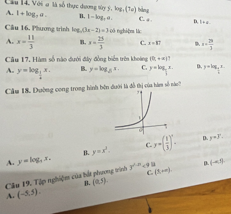 Cầu 14. Với a là số thực dương tùy ý, log _7(7a) bàng
A. 1+log _7a. B. 1-log _7a. C. a . D. 1+a. 
Câu 16. Phương trình log _3(3x-2)=3 có nghiệm là:
A. x= 11/3  x= 25/3  x= 29/3 
B.
C. x=87 D.
Câu 17. Hàm số nào dưới đây đồng biến trên khoảng (0;+∈fty ) ?
A. y=log _ 1/4 x.
B. y=log _sqrt(3)x. C. y=log _ e/3 x. D. y=log _ π /6 x. 
Câu 18. Đường cong trong hình bên dưới là đồ thị của hàm số nào?
A. y=log _5x. B. y=x^2. C. y=( 1/3 )^x.
D. y=3^x.
D. (-∈fty ,5).
C. (5;+∈fty ). 
Câu 19. Tập nghiệm của bất phương trình 3^(x^2)-23<9</tex> là
B. (0:5). 
A. (-5;5).