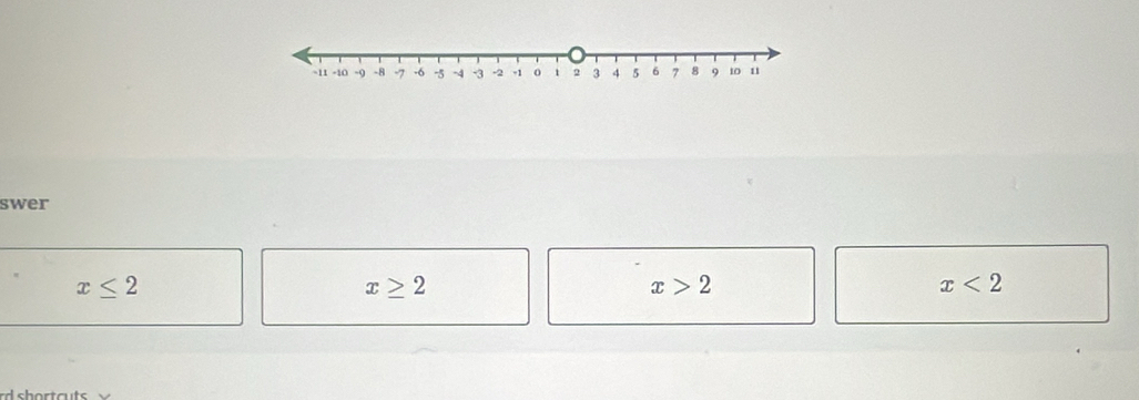 swer
x≤ 2
x≥ 2
x>2
x<2</tex> 
rd shortcuts