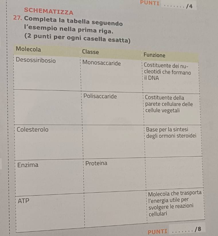 PUNTI _/4 
SCHEMATIZZA 
27. Completa la tabella seguendo 
l’esempio nella prima riga. 
(2 punti per ogni cas 
PUNTI _/8