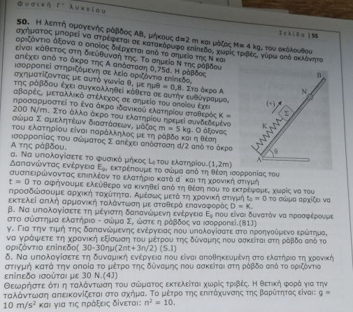 Η λεητή ομογενής ρόβδος ΑΒ, μήκους d=2 m και μάζας M=4kg
1 ελ ( δ α | 55
αγήματος μπορεὶ να στρέφεται σε κατακόρυφο εηίπεδο, χωρί γύρω από ακλόνητο , του ακόλουθου
όριζόντιο όξονα ο οποίος διέρχεται από το σημείο της Ν και
είναι κάθετος στη διεὐθυνσή της. Το σημείο Ν της ράβδοι
απέχει από το άκρο της Α απόσταση Ο,75d. Η ράβδος
ισορροπεὶ στηριζόμενη σε λείο οριζόντιο εηίπεδο,
σχηματίζοντας με αυτό γωνία θ, με ημ θ =0,8. Στο άκρο Α
της ράβδου έχει συγκολληθεί κάθετα σε αυτήν ευθὐγραμμο,
αβαρές, μεταλλικό στέλεχος σε σημείο του οποίου έχει
ηροσααρμοστεί το ένα άκρο ιδανικού ελατηρίου σταθθερίός K=
200 Ν/m. Στο άλλο άκρο του ελατηρίου ηρεμεί συνδεδεμένο
σωμα Σ αμελητέων διαστάσεων, μάζας m=5kg Ο άξονας
του ελατηρίου εἰναι παράλληλος με τη ράβδο και η θέση
ισορροπίας του σωματος Σ απέχει απόσταση σ/2 από το άκρο
Α της ράβδου.
α. Να υπολογίσετε το φυσικό μήκος του ελατηρίου. (1,2m)
Δαπανώντας ενέργεια E_g , εκτρέπουμε το σώμα από τη θέση ισορροπίας τοι
συσΠειρώνοντας επιπλέον το ελατήριο κατά d και τη χρονική στιγμή
t=0T Ο αφηνουμε ελεύθερο να κινηθεί από τη θέση που το εκτρέψαμεΒ χωρίς να του
προσδώσουμε αρχική ταχότηταΚ Αμέσωςαμαετάναοτηαχρονική στιγμή t_0=0 το σώμα αρχίζει να
εκτελείαπλή αρμονική ταλάνντρωνση με σταθερά επαναφοράς D=K.
β. Να υπολογίσετε τημέγιστη δαπανώμενη ενέργεια E_9 που εἰναι δυνατόν να προαφέρουμε
στο σὐστημα ελατηριο - σωμα ΣΡ ωστε η ράβδος να ισορροπεί.(81J)
γ. Για την τιμή της δαπανώμενης ενέργειας που υηολογίσατε στο προηγούμενο ερώίτημα,
να γράψιετε τη χρονική εξίσωση του μέτρου της δύναμης που ασκείται στη ράβδο από το
οριζόντιο επίπεδο( 30-30nmu (2nt+3n/2)(S.1)
δ. Να υπολογίσετε τη δυναμική ενέργνεια που είναι αποθηκευμένη στο ελατήηριοατη χρίονική
στιγμή κατά την οποία το μέτρο της δύναμης που ασκείται στηράβδο από το οριζόντιο
επίπεδο ισούται με 30 N.(4J)
Θεωρρήστεαότιαοηαοτααλάντωση του σώματος εκτελείται χωρίςατριβέςΚ Η θετική φοράαο για την
ταλάνοτρωση απεικονίζεταιστο σχημαΚ Το μέτροοα της εηιτάχυνσης της Βαρίτητας είναι: g=
10m/s^2 και για τις πράξεις δίνεται: n^2=10.