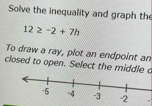 Solve the inequality and graph the
12≥ -2+7h
To draw a ray, plot an endpoint an 
closed to open. Select the middle o 
`