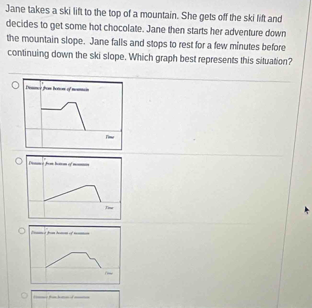 Jane takes a ski lift to the top of a mountain. She gets off the ski lift and 
decides to get some hot chocolate. Jane then starts her adventure down 
the mountain slope. Jane falls and stops to rest for a few minutes before 
continuing down the ski slope. Which graph best represents this situation? 
Distunce from botiom of mountain 
Time 
Distance from botom of monaain 
Time 
Licsnce from bmo f motins