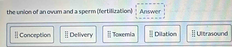 the union of an ovum and a sperm (fertilization) Answer
Conception Delivery Toxemia Dilation Ultrasound