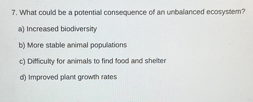 What could be a potential consequence of an unbalanced ecosystem?
a) Increased biodiversity
b) More stable animal populations
c) Difficulty for animals to find food and shelter
d) Improved plant growth rates