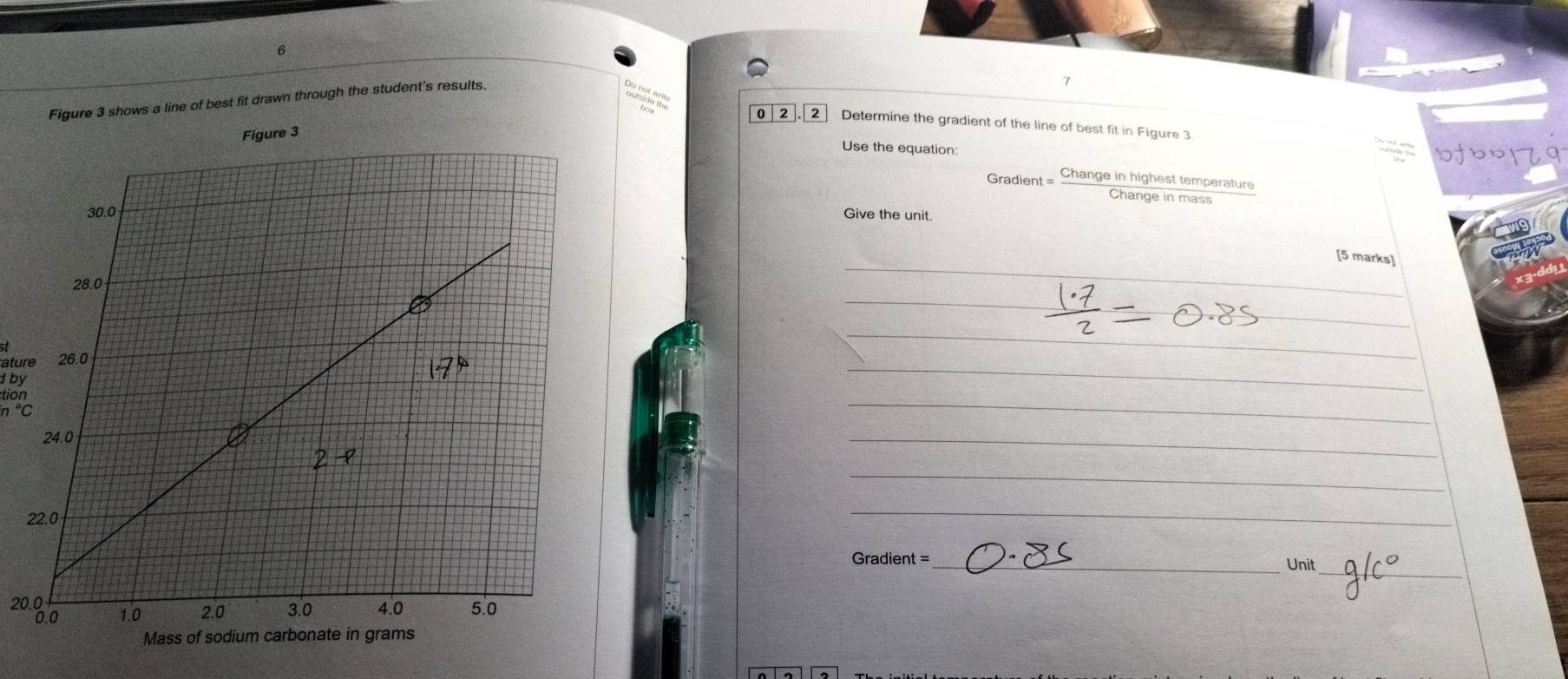 Figure 3 shows a line of best fit drawn through the student's results.
1
Sua da 0 2 2 Determine the gradient of the line of best fit in Figure 3
Figure 3
Use the equation: 6x19
0.
Gradient = Change in highest temperature
Change in mass
Give the unit.
[5 marks]
_
_
_
st
ature
_
_
18%
_
n °C
_
_
_
_
Gradient =_ Unit
2º.8.º