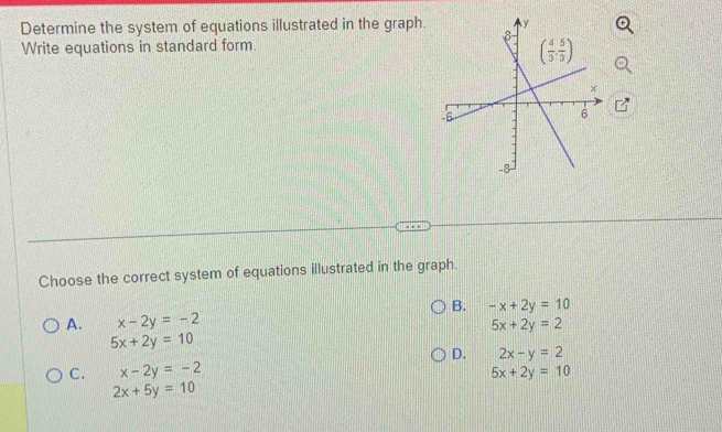 Determine the system of equations illustrated in the graph. 
Write equations in standard form.
Choose the correct system of equations illustrated in the graph.
B. -x+2y=10
A. x-2y=-2
5x+2y=2
5x+2y=10
D. 2x-y=2
C. x-2y=-2 5x+2y=10
2x+5y=10