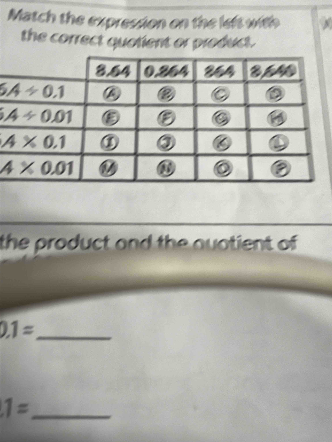 Match the expression on the left with N
the correct quotient or product.
the product and the quotient of
_ 0.1=
_ 1=