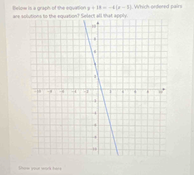 Below is a graph of the equation y+18=-4(x-5). Which ordered pairs 
are son? Select all that apply. 
Show your work here