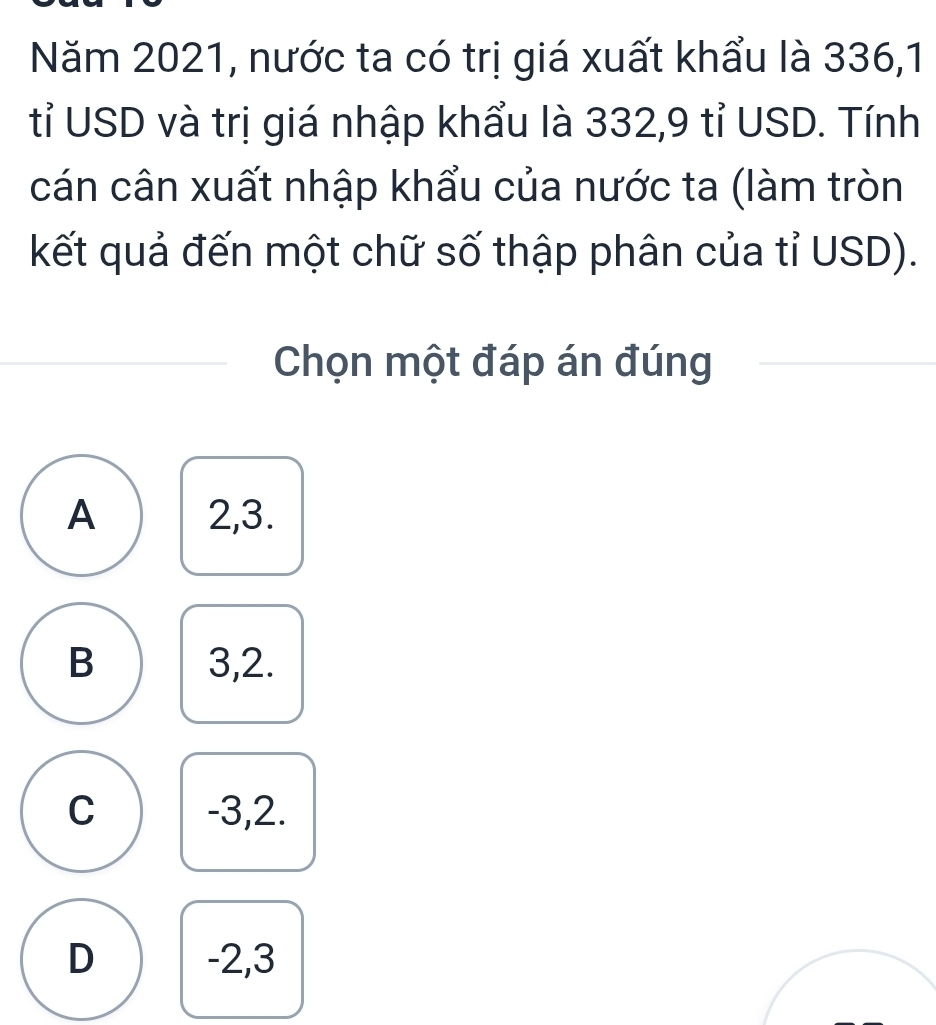 Năm 2021, nước ta có trị giá xuất khẩu là 336,1
tỉ USD và trị giá nhập khẩu là 332, 9 tỉ USD. Tính
cán cân xuất nhập khẩu của nước ta (làm tròn
kết quả đến một chữ số thập phân của tỉ USD).
Chọn một đáp án đúng
A 2, 3.
B 3, 2.
C -3, 2.
D -2, 3