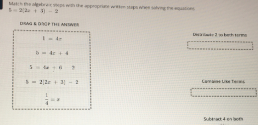 Match the algebraic steps with the appropriate written steps when solving the equations
5=2(2x+3)-2
DRAG & DROP THE ANSWER
Distribute 2 to both terms
Combine Like Terms
Subtract 4 on both