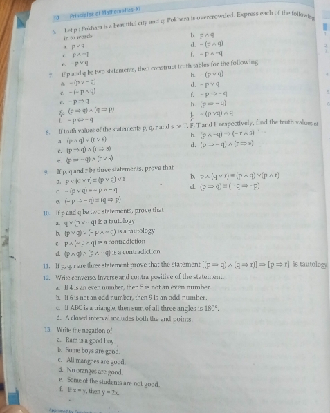 Principles of Mathemalics-XI
s  Let p : Pokhara is a beautiful city and q: Pokhara is overcrowded. Express each of the following
in to words
b. pwedge q
 pvee q
d. -(pwedge q)
f.
c. pwedge -q -pwedge -q
e. -pvee q
7. If p and q be two statements, then construct truth tables for the following
b. -(pvee q)
8: -(pvee -q)
d.
c. -(-pwedge q) -pvee q
f. -pRightarrow -q
e. -pRightarrow q
h. (pRightarrow -q)
(pRightarrow q)wedge (qRightarrow p)
i -pLeftrightarrow -q
j -(pvee q)wedge q
8. If truth values of the statements p, q, r and s be T, F, T and F respectively, find the truth values of
b. (pwedge -q)Rightarrow (-rwedge s)
a. (pwedge q)vee (rvee s)
c. (pRightarrow q)wedge (rRightarrow s)
d. (pRightarrow sim q)wedge (rRightarrow s)
e. (pRightarrow -q)wedge (rvee s)
9. If p, q and r be three statements, prove that
b. pwedge (qvee r)=(pwedge q)vee (pwedge r)
a. pvee (qvee r)=(pvee q)vee r d. (pRightarrow q)=(-qRightarrow -p)
C. sim (pvee q)=-pwedge -q
c. (-pRightarrow -q)=(qRightarrow p)
10. If p and q be two statements, prove that
a qvee (pvee sim q) is a tautology
b. (pvee q)vee (-pwedge sim q) is a tautology
C. pwedge (sim pwedge q) is a contradiction
d. (pwedge q)wedge (pwedge sim q) is a contradiction.
11. If p, q, r are three statement prove that the statement [(pRightarrow q)wedge (qRightarrow r)]Rightarrow [pRightarrow r] is tautology
12. Write converse, inverse and contra positive of the statement.
a. If 4 is an even number, then 5 is not an even number.
b. If 6 is not an odd number, then 9 is an odd number
c. If ABC is a triangle, then sum of all three angles is 180°.
d. A closed interval includes both the end points.
13. Write the negation of
a. Ram is a good boy.
b. Some boys are good.
c. All mangoes are good.
d. No oranges are good.
e. Some of the students are not good.
f. Hf x=y , then y=2x.
Approve